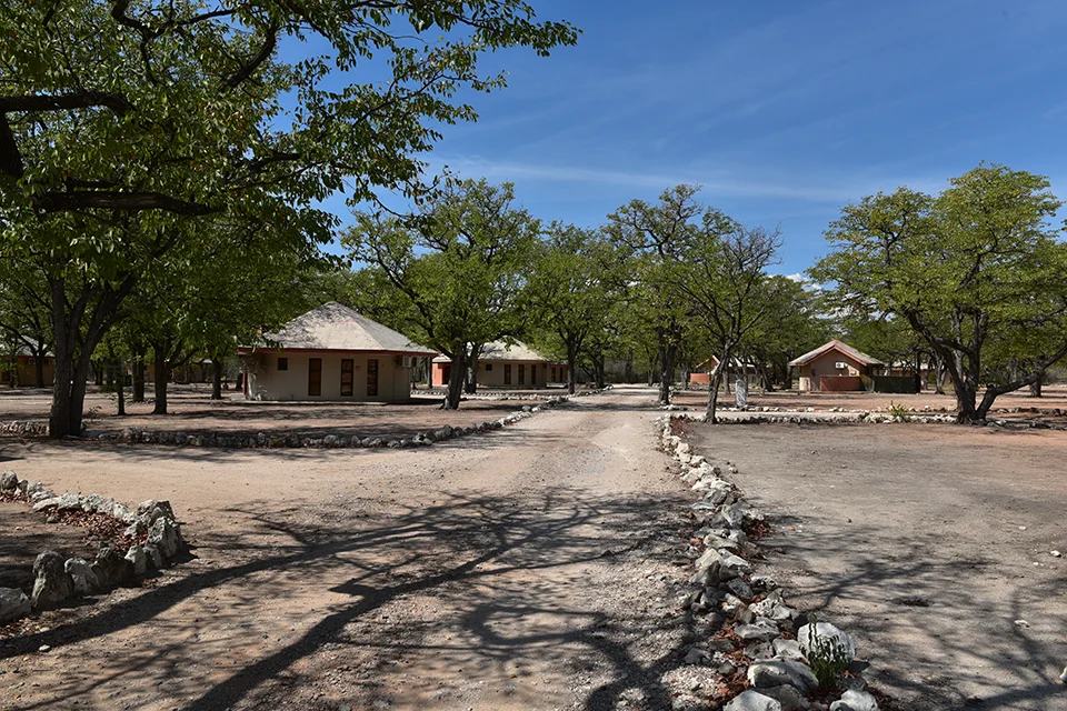 Accommodation buildings surrounded by trees at Halali Resort in Etosha National Park, Namibia