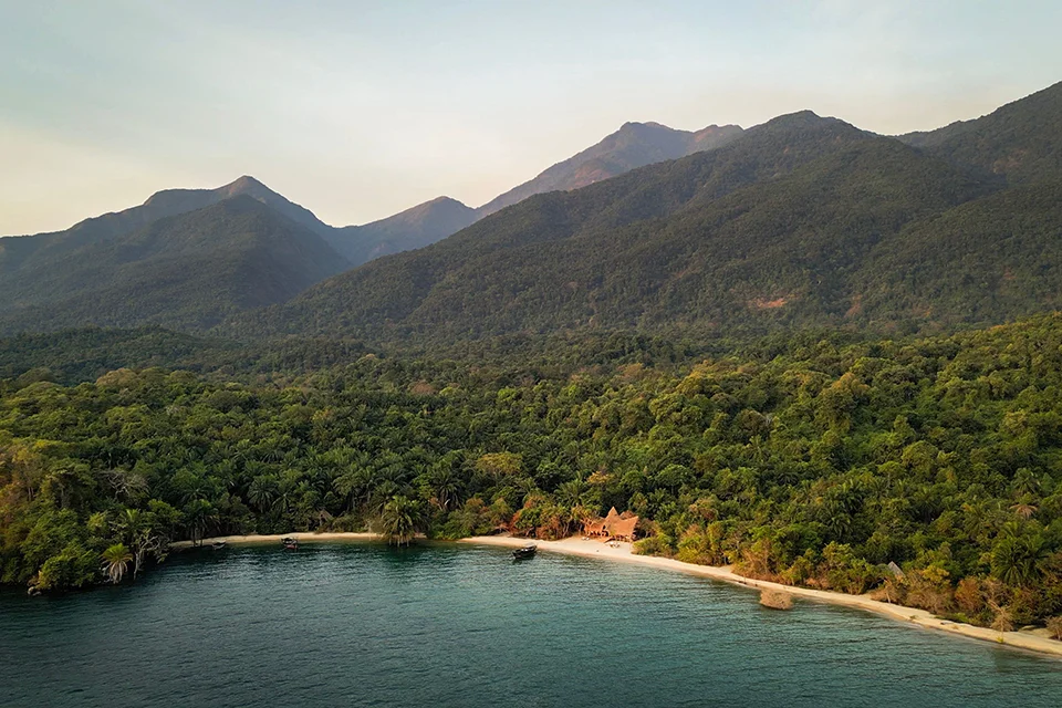 Aerial view of Greystoke Mahale on the shores of Lake Tanganyika in Mahale Mountains National Park, Tanzania