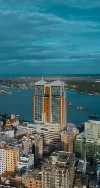 Aerial view of the Dar es Salaam skyline and harbour along Tanzania’s Indian Ocean coast