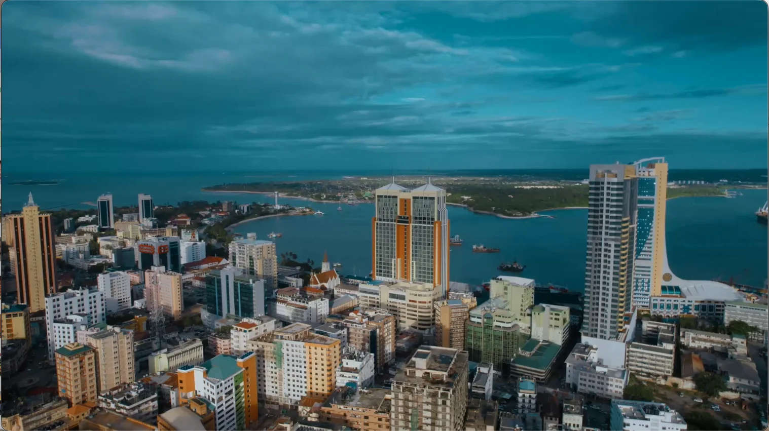 Aerial view of the Dar es Salaam skyline and harbour along Tanzania’s Indian Ocean coast
