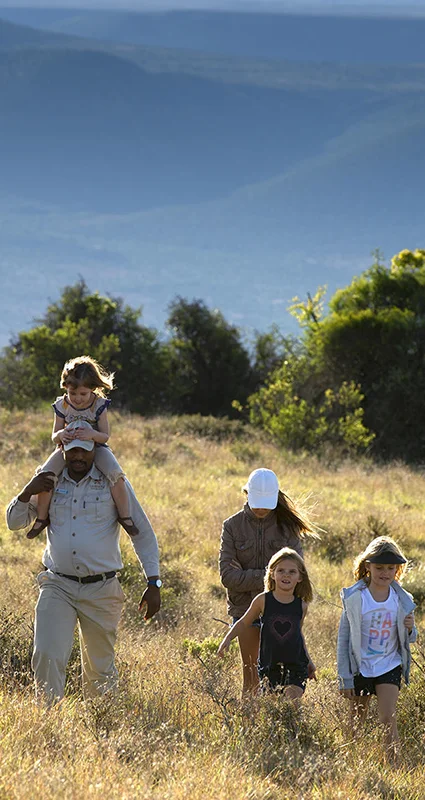 A family walks through sunlit grassland, with one child riding on an adult’s shoulders and three other children walking alongside