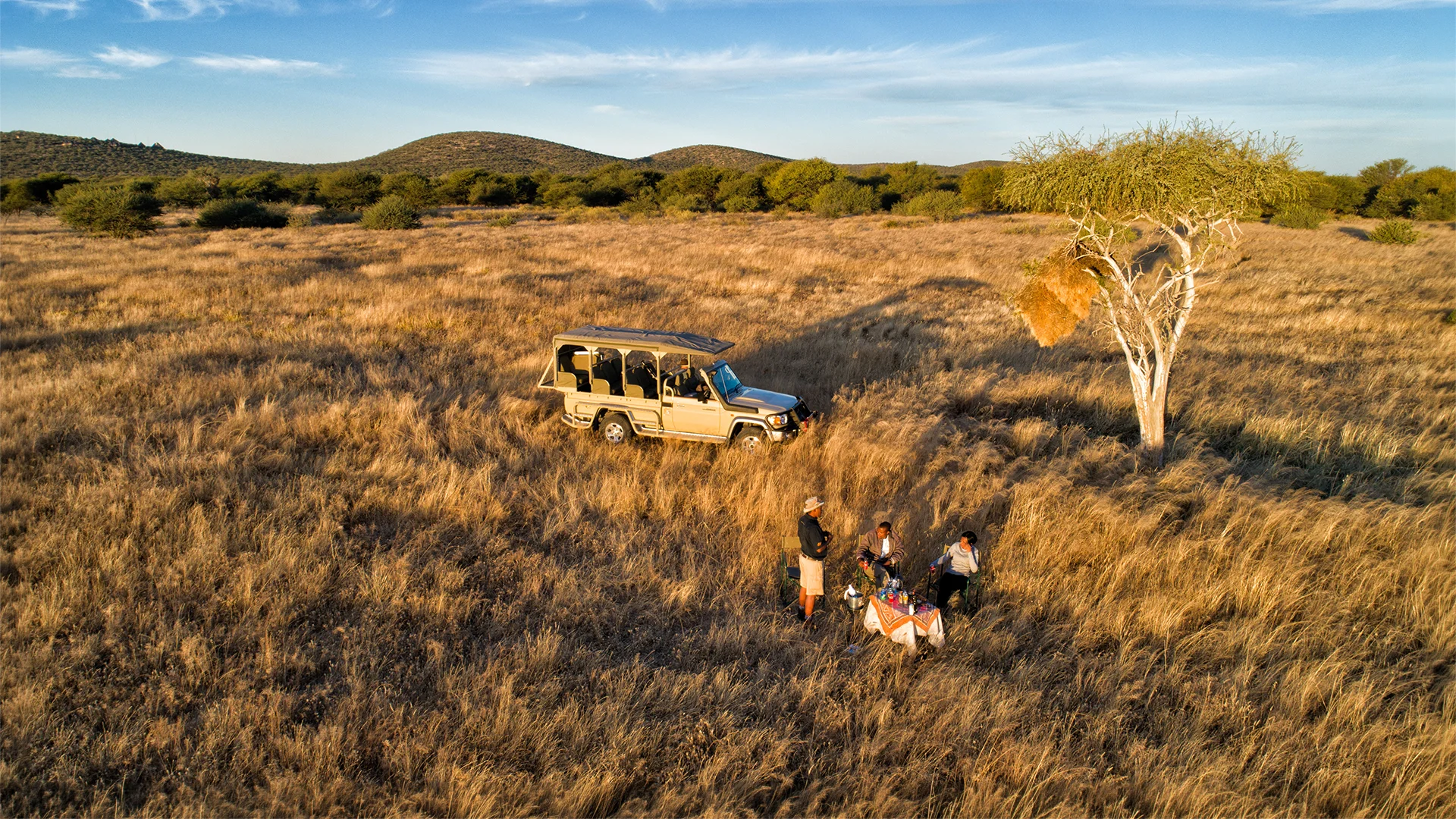 Guests enjoying safari sundowners beside a game-drive vehicle in the golden grasslands of Etosha Heights Private Reserve, Namibia