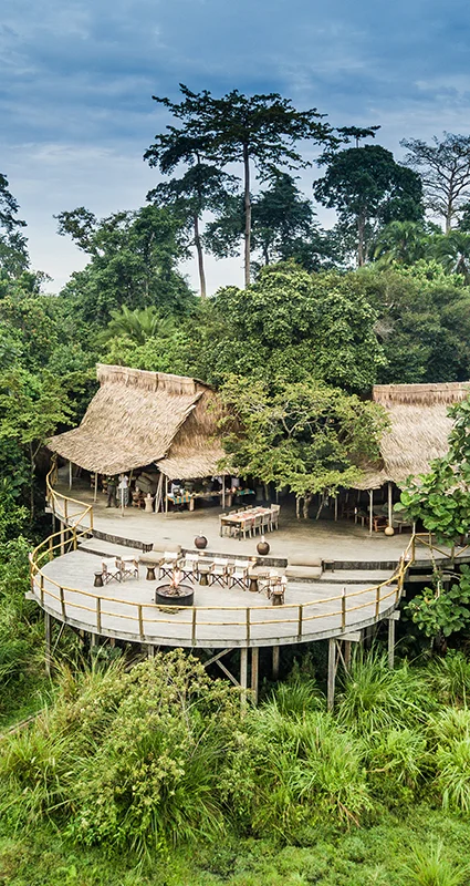 Aerial view of Lango Camp’s thatched main guest area and deck surrounded by rainforest in Odzala-Kokoua National Park, Republic of the Congo