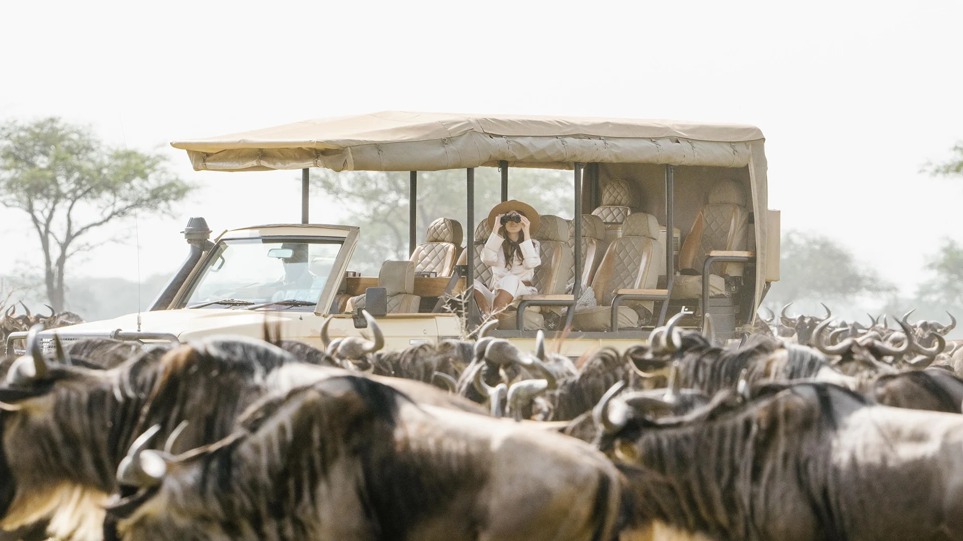 Safari vehicle surrounded by a herd of wildebeest during the Great Migration in the Serengeti, Tanzania