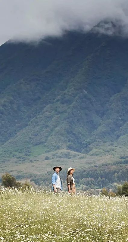Two guests walking through a wildflower meadow beneath mist-covered mountains near One&Only Gorilla's Nest in Rwanda