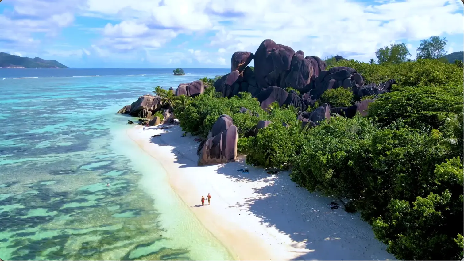 Seychelles coast aerial video with beaches, sea and forest.